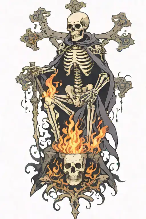 The Skeleton of Jeanne Dark (Alter) (from Fate: Grand Order) on a bonfire holding a cross in his hands tattoo design idea