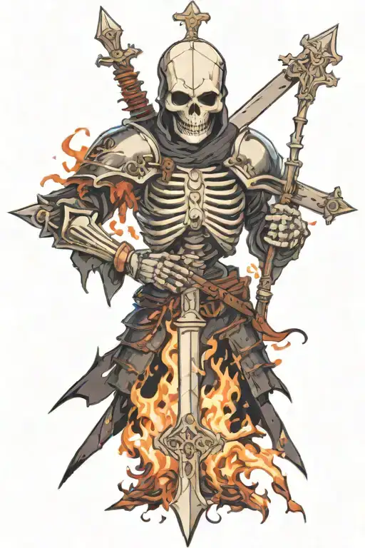 The Skeleton in Armor of Jeanne Dark (Alter) (from Fate: Grand Order) on a bonfire holding a cross in his hands tattoo design idea
