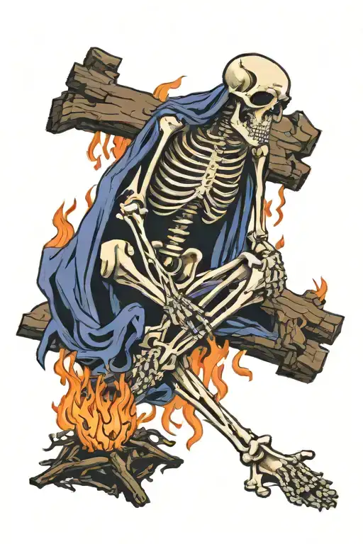 The Skeleton of Jeanne Dark (Alter) on a bonfire holding a cross in his hands tattoo design idea