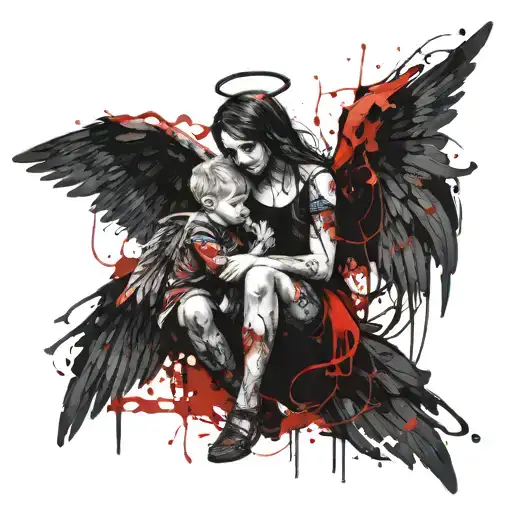 angel and child gothic  tattoo design idea