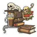 ghost on top of books holding iced coffee tattoo design idea