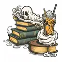 ghost on top of books holding iced coffee tattoo design idea