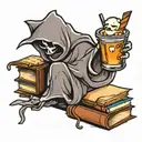 ghost on top of books holding iced coffee tattoo design idea