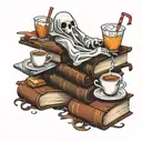 ghost on top of books holding iced coffee tattoo design idea