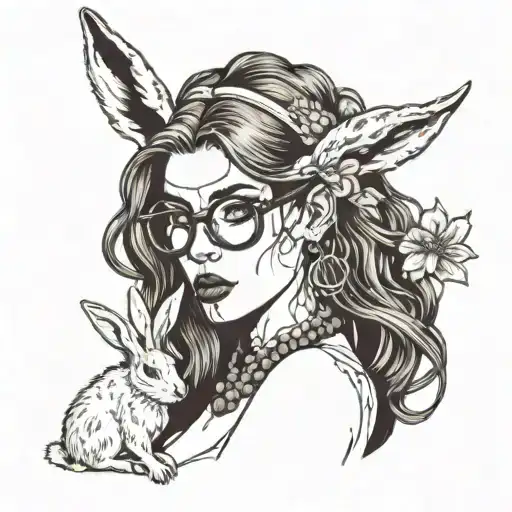 white sexy skinny woman, with long brown hair, big nose, glasses, white rabbit ears, eating sausage tattoo design idea