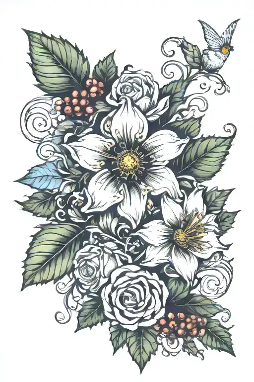 narcismus, holly bery and healer word tattoo design idea