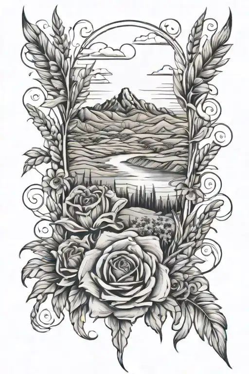 ocean, mountain, desert, wheat fields, corn fields, roses tattoo design idea