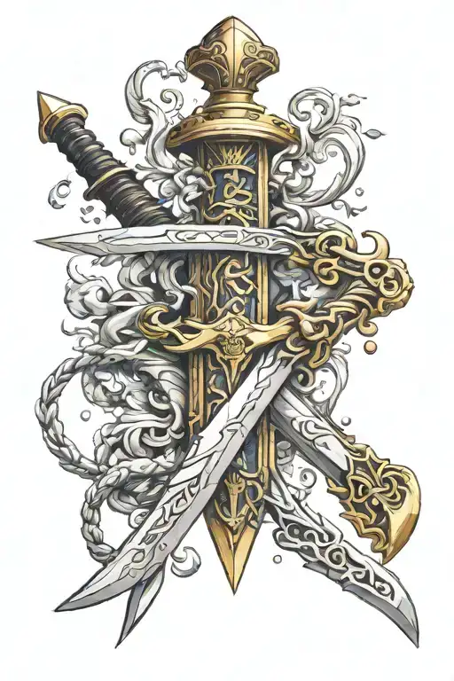 Crossgaurd Sword In a stone with a slingshot wraped around the Bright gold blade. tattoo design idea