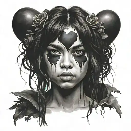dark girl with black heart on face tattoo design idea