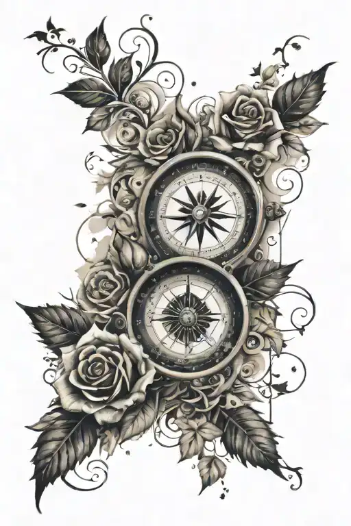 antique compass pointing north surrounded by black roses with leaves and ink splashes and o leaf that points up and down tattoo design idea