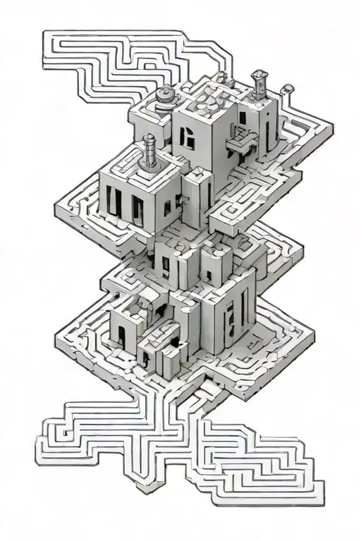 Statistitian symbol surrounded by a lego brick maze with a home at the center tattoo design idea