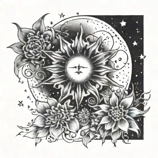 A dotwork tattoo design of a sun, moon, and stars constellation with delicate flower accents tattoo design idea