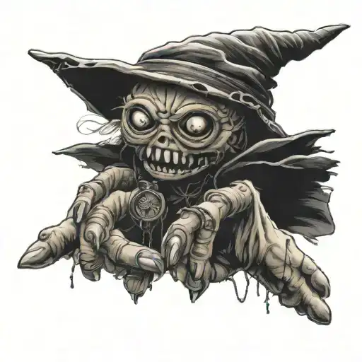 witch hand controlling voodoo doll tattoo design idea