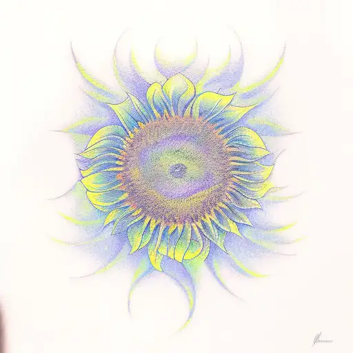 An artistic representation of a sunflower transforming into a flock of colorful birds tattoo design idea