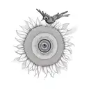 An artistic representation of a sunflower transforming into a flock of colorful birds tattoo design idea