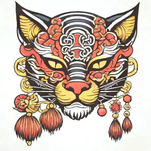 Japanese cat mask and tassels tattoo design idea