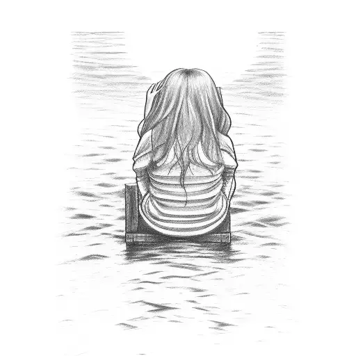 A detailed sketch of a person sitting on a dock, gazing at the sunset over the lake tattoo design idea