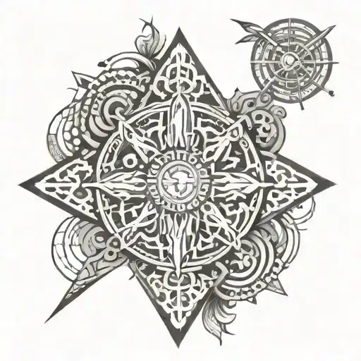 An intricate geometric pattern incorporating symbols of Christ and stoicism in a cohesive design tattoo design idea