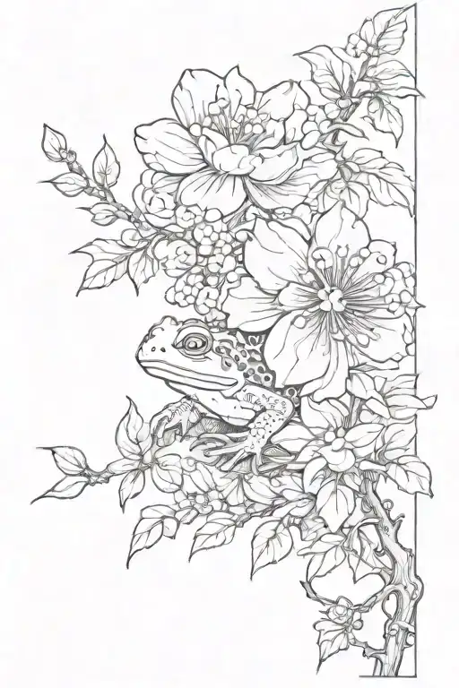 japanese flowers with lucky toad sitting tattoo design idea