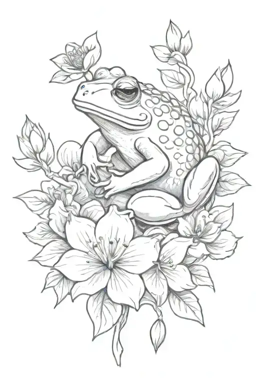 japanese flowers with lucky frog  sitting tattoo design idea