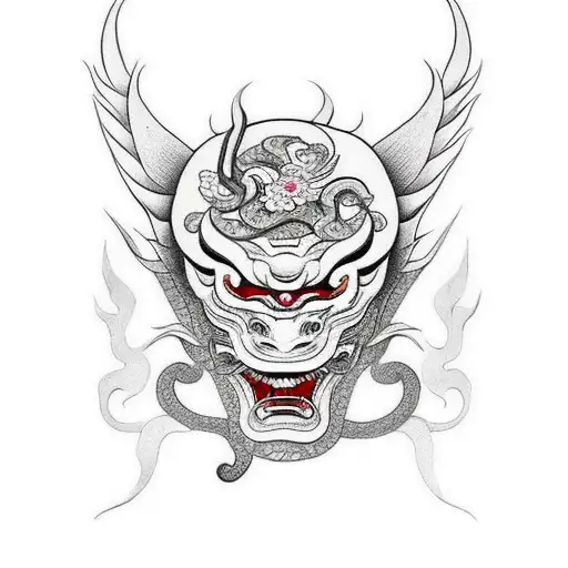 hannya mask with water, floral, or snake elements tattoo design idea