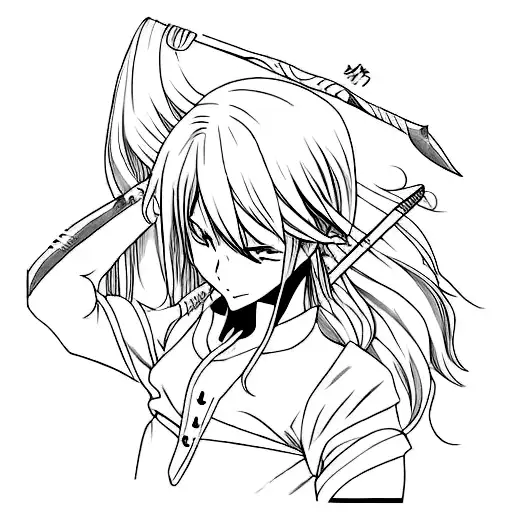A fierce anime warrior surrounded by chocolate bars tattoo design idea