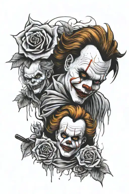 Michael myers, pennywise, Annabelle, Chucky, ghost, zombie, skulls, roses, knife, shading  tattoo design idea