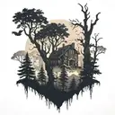 A tattoo of a haunted forest scene with eerie silhouettes of horror movie monsters lurking among the trees tattoo design idea