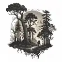 A tattoo of a haunted forest scene with eerie silhouettes of horror movie monsters lurking among the trees tattoo design idea