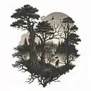A tattoo of a haunted forest scene with eerie silhouettes of horror movie monsters lurking among the trees tattoo design idea