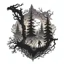 A tattoo of a haunted forest scene with eerie silhouettes of horror movie monsters lurking among the trees tattoo design idea