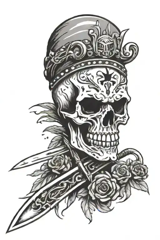 Punk rock skull split with a knife tattoo design idea