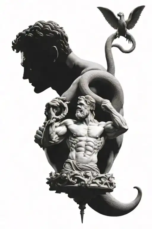 atlas holding the world, Hercules fighting snake statue, greek medial symbol tattoo design idea