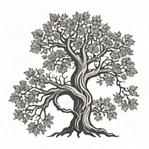 A family tree with roots symbolizing family, with the five branches forming a cross shape for faith tattoo design idea