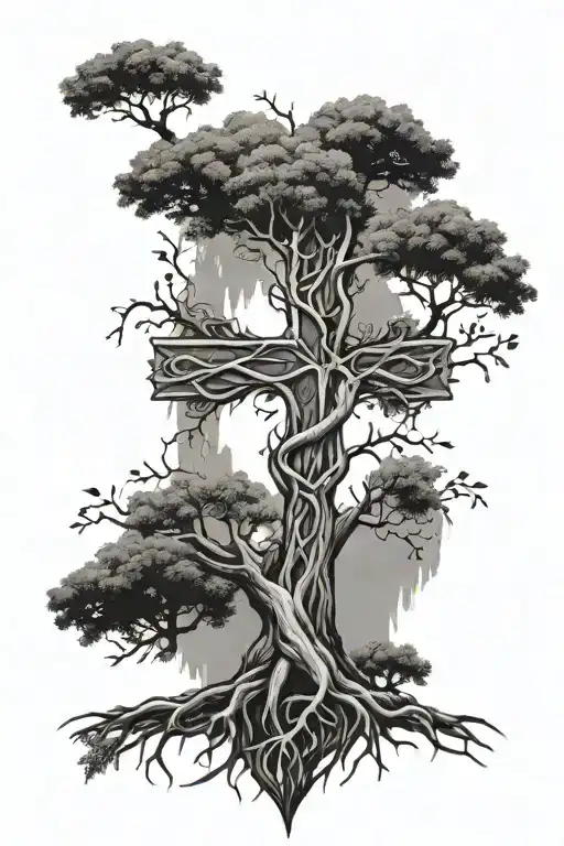 A family tree with roots symbolizing family, with the five branches forming a cross shape for faith tattoo design idea