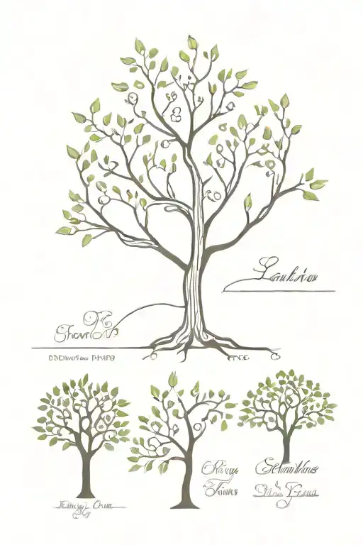 A family tree with a branch symbolizing each of the five family members , with the tree shape as a Christian cross tattoo design idea