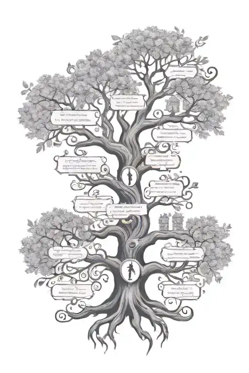A family tree with a branch symbolizing each of the five family members , with the tree shape as a Christian cross tattoo design idea