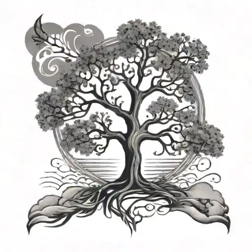 A family tree tattoo with each branch representing a different family member, with waves and sun rays in the background to symbolize the love for family and the outdoors tattoo design idea