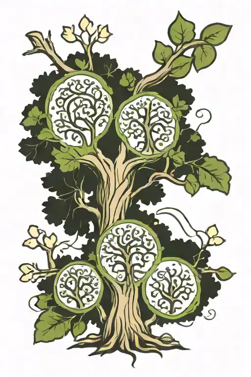 A family tree with a branch symbolizing each of the five family members , with the tree shape as a Christian cross tattoo design idea