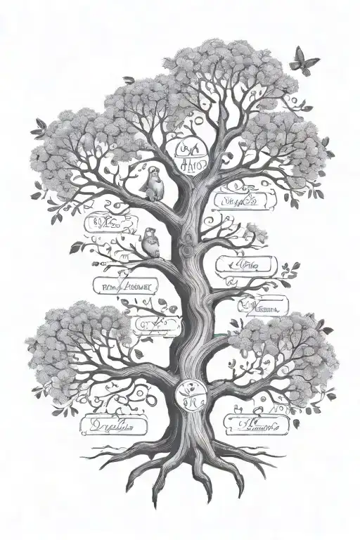 A family tree with a branch symbolizing each of the five family members , with the tree shape as a Christian cross tattoo design idea