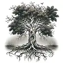 A family tree with roots symbolizing family, with the five branches forming a cross shape for faith tattoo design idea