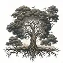 A family tree with roots symbolizing family, with the five branches forming a cross shape for faith tattoo design idea