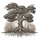 A family tree with roots symbolizing family, with the five branches forming a cross shape for faith tattoo design idea