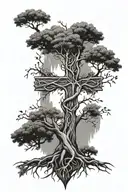 A family tree with roots symbolizing family, with the five branches forming a cross shape for faith tattoo design idea