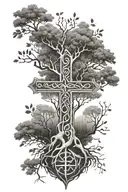 A family tree with roots symbolizing family, with the five branches forming a cross shape for faith tattoo design idea