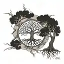 A family tree with roots symbolizing family, with the five branches forming a cross shape for faith tattoo design idea