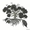 A family tree with roots symbolizing family, with the five branches forming a cross shape for faith tattoo design idea