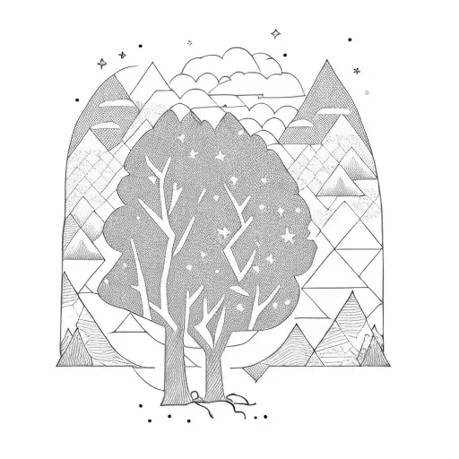 little girl sat under an oak tree with mountains and a night sky in the background. with the tree being her peotector.  tattoo design idea