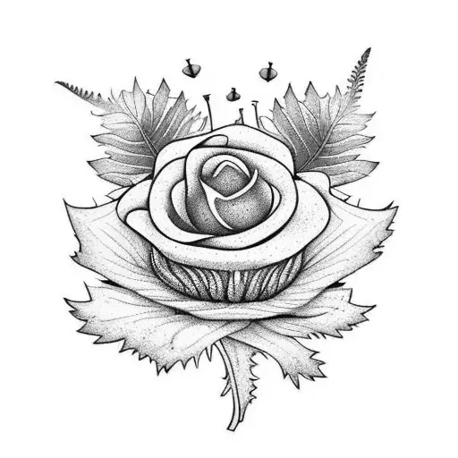 a collection of oak leaf, poppy, sunflower, silver fern, rose, bluebell all together  tattoo design idea