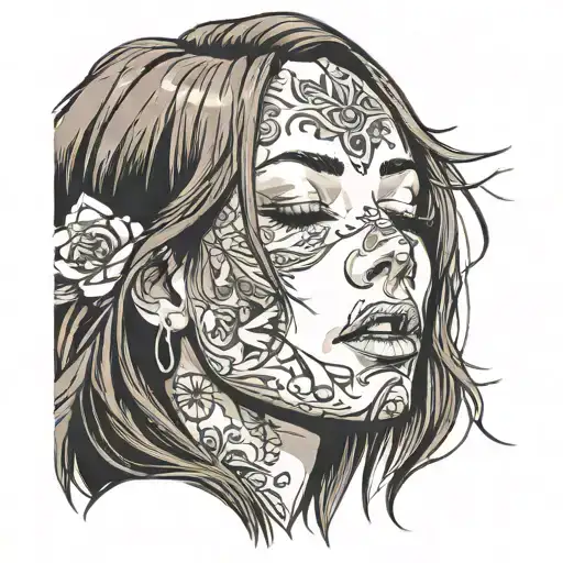 white woman, long straight wet brown hair, tongue sticked out, closed eyes tattoo design idea